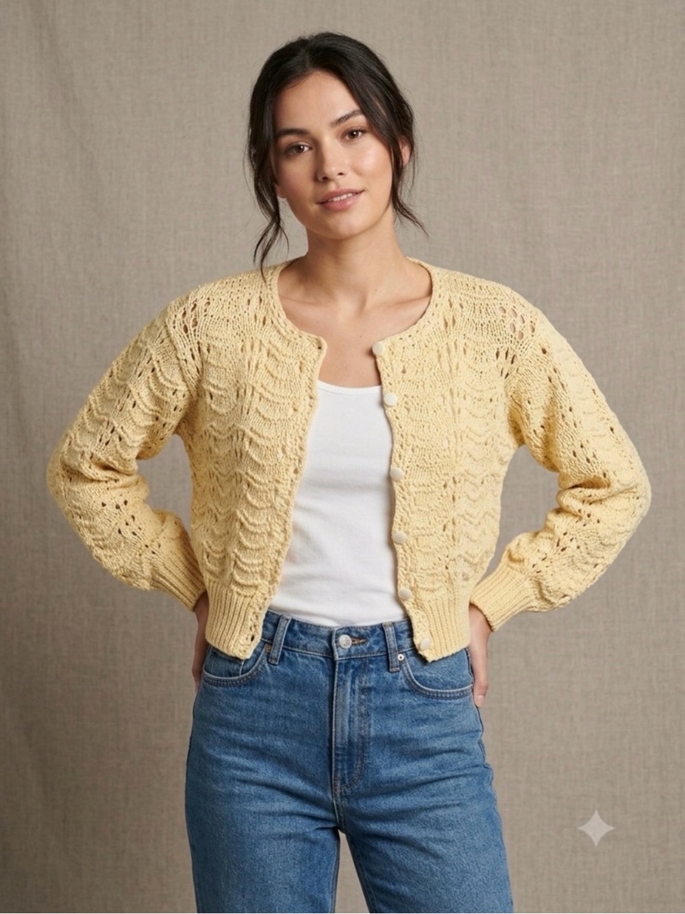 Vintage Pastel Yellow Crochet Knit
Cropped Cardigan Sweater Small
Boutique